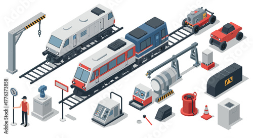 Isometric railway set featuring train models, tracks, and station accessories