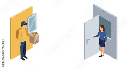 Isometric food delivery interaction: courier with pizza at the doorstep