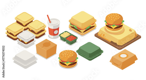 Isometric fast food set with burgers and takeout packages