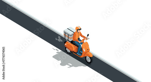 Isometric delivery rider on orange scooter with parcel on road