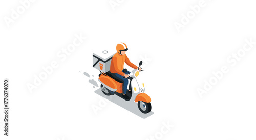 Isometric food delivery scooter illustration with rider in orange uniform