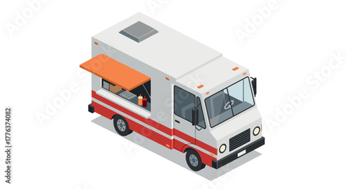 Isometric food truck with open serving window on white background