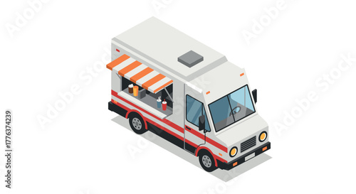 Isometric food truck with striped awning and beverage containers on white background