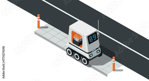 Autonomous delivery robot on urban sidewalk in minimalist isometric style