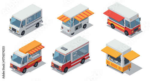 Isometric food trucks collection: vibrant designs showcasing street food variety