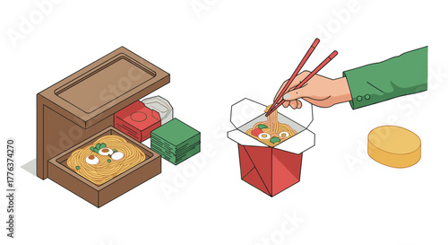 Isometric noodles: takeout boxes with chopsticks for asian cuisine enthusiasts