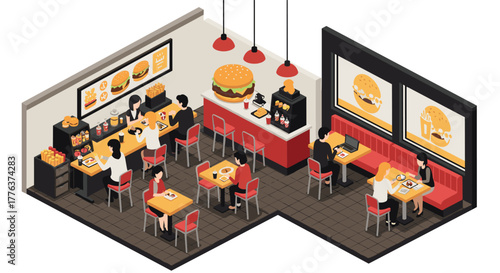 Isometric fast food restaurant interior with customers and employees