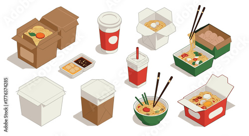 Isometric asian takeout packaging with noodles and drinks