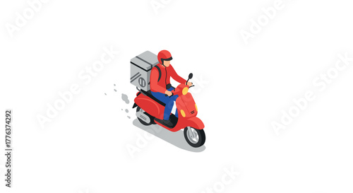 Isometric delivery on red scooter with courier in motion