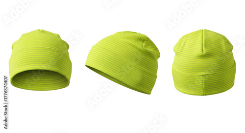 Striped lime green sports beanie hat mockup for running fitness and outdoor activities