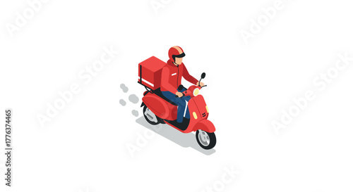 Isometric delivery rider on red scooter in motion