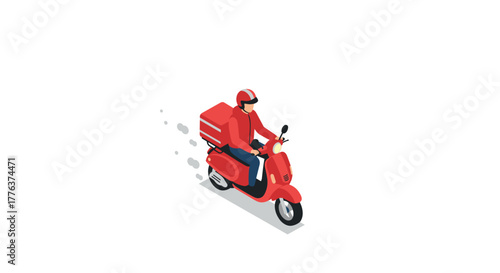 Isometric design of delivery person on red scooter with parcel box