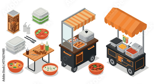Street food cart isometric design with ingredients and packaging