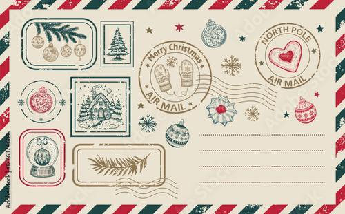 Christmas postcard, card with tree and ball, hand drawn illustration.	
