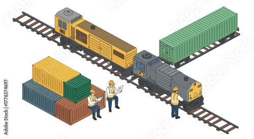 Isometric train yard scene with workers and cargo containers