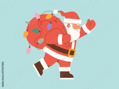 Santa Claus is walking with a bag of gifts. Color vector illustration.