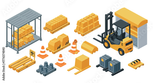Isometric warehouse elements: forklift, pallets, safety cones, and storage shelves for logistics design