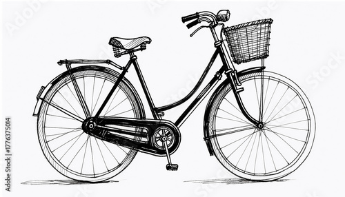 Vintage bicycle with a basket in black and white sketch style  