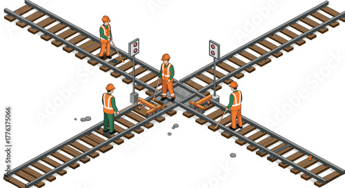 Isometric railroad workers operating shift at railway crossing