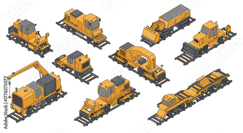 Isometric construction trains: detailed industrial rail equipment in yellow tones