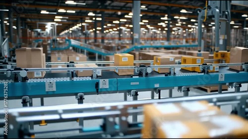 Supply chain resilience tech. Logistics automation forecasting management. Transportation. Cybersecurity. Blockchain. Packages on a conveyor belt in a logistics warehouse setting.