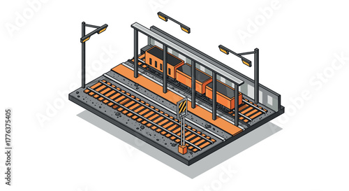 Isometric urban train station with orange trains and platform