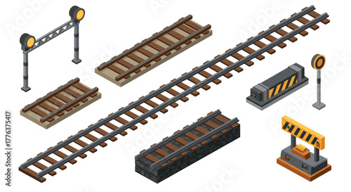 Isometric train tracks and railway elements for game design and architecture