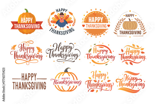 A collection of various colorful Happy Thanksgiving-themed typography designs, featuring pumpkins and festive text. Vector set typography Happy Thanksgiving