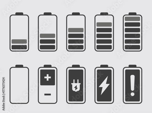 Battery Charge Level Indicator Icon Set — Power and Energy Vector Collection