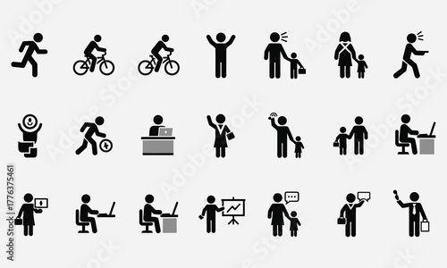 A diverse set of human pictograms illustrating everyday life, including work, family, and personal activities, designed as a simple vector icon collection