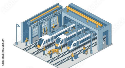 Isometric train maintenance workshop with workers and equipment