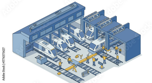 Modern train maintenance facility in isometric design with engineers and transportation equipment