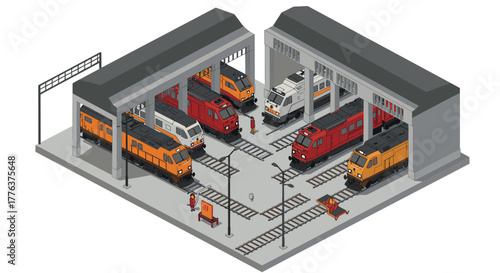 Isometric train depot with engines and tracks in detailed design