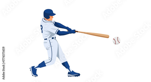 Baseball player swinging a bat at a baseball in a studio illustration