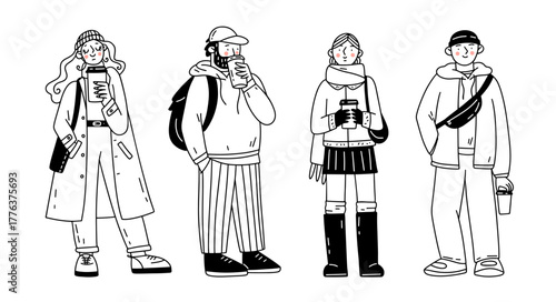 People with paper coffee cups. Vector hand-drawn line illustrations in cartoon style. Young men and women in casual clothes drinking coffee. 