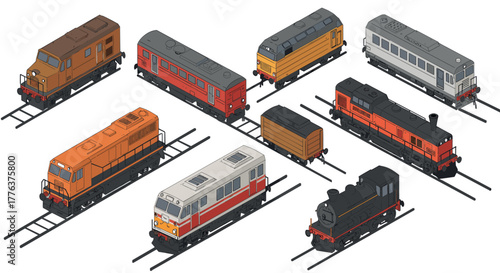 Isometric train collection featuring various locomotives on tracks