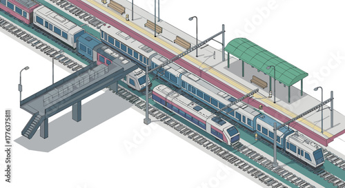 Isometric railway station with trains and platform elements on white background