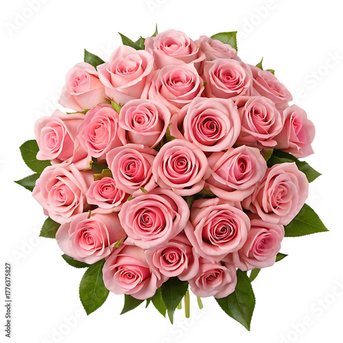 A large bouquet of delicate pink roses with lush green leaves, perfect for gifting.