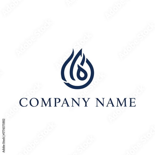 A dark blue abstract logo resembling a water droplet with stylized flames inside, placed above the text COMPANY NAME.
