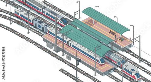Isometric train station with multiple trains and platforms in urban setting