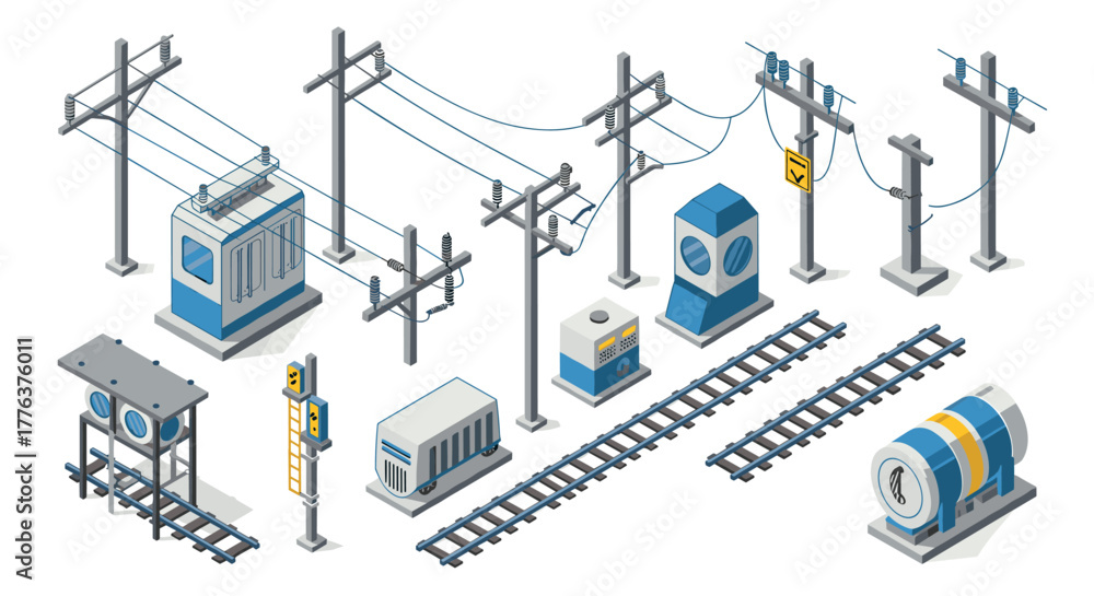 Fototapeta premium Isometric railway elements with tracks, poles, and signals