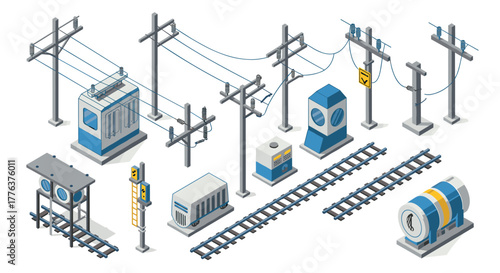 Isometric railway elements with tracks, poles, and signals