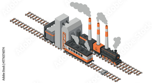 Isometric steam train and industrial factory scene with train tracks