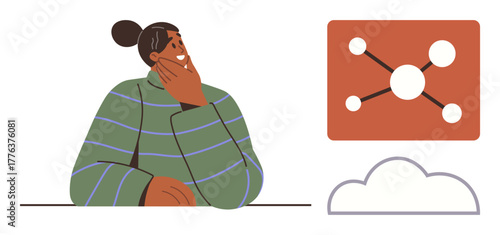 Person in striped sweater contemplating ideas, network diagram and cloud. Ideal for brainstorming, creativity, technology, problem-solving, innovation, strategy education. Simple flat metaphor