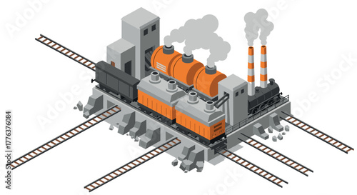 Isometric industrial factory with trains and chimneys on rail tracks