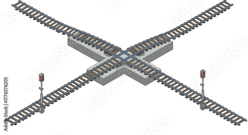 Isometric railway crossing with dual tracks and signals on white background