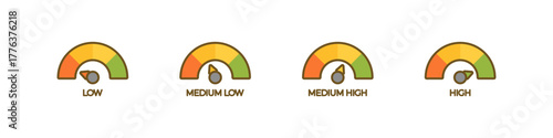 Colorful gauge with arrow vector icon set showing low to high levels. Measurement, indicator, and performance meter collection.
