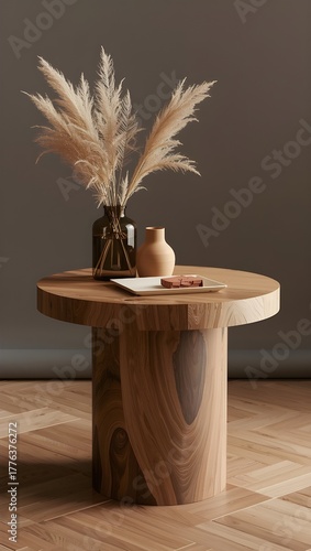 Minimalist wooden table with pampas grass in a vase, ceramic jug, and plate in warm lighting and neutral tones, creating a serene modern aesthetic.