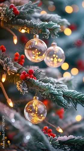 A close-up of a snow-covered Christmas tree branch with glowing lights, red berries, and a glass ornament, creating a warm festive holiday atmosphere.