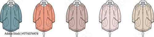 A set of stylish and colorful bomber jacket illustrations in a modern pastel color palette. Front view of trendy outerwear apparel, isolated vector collection
